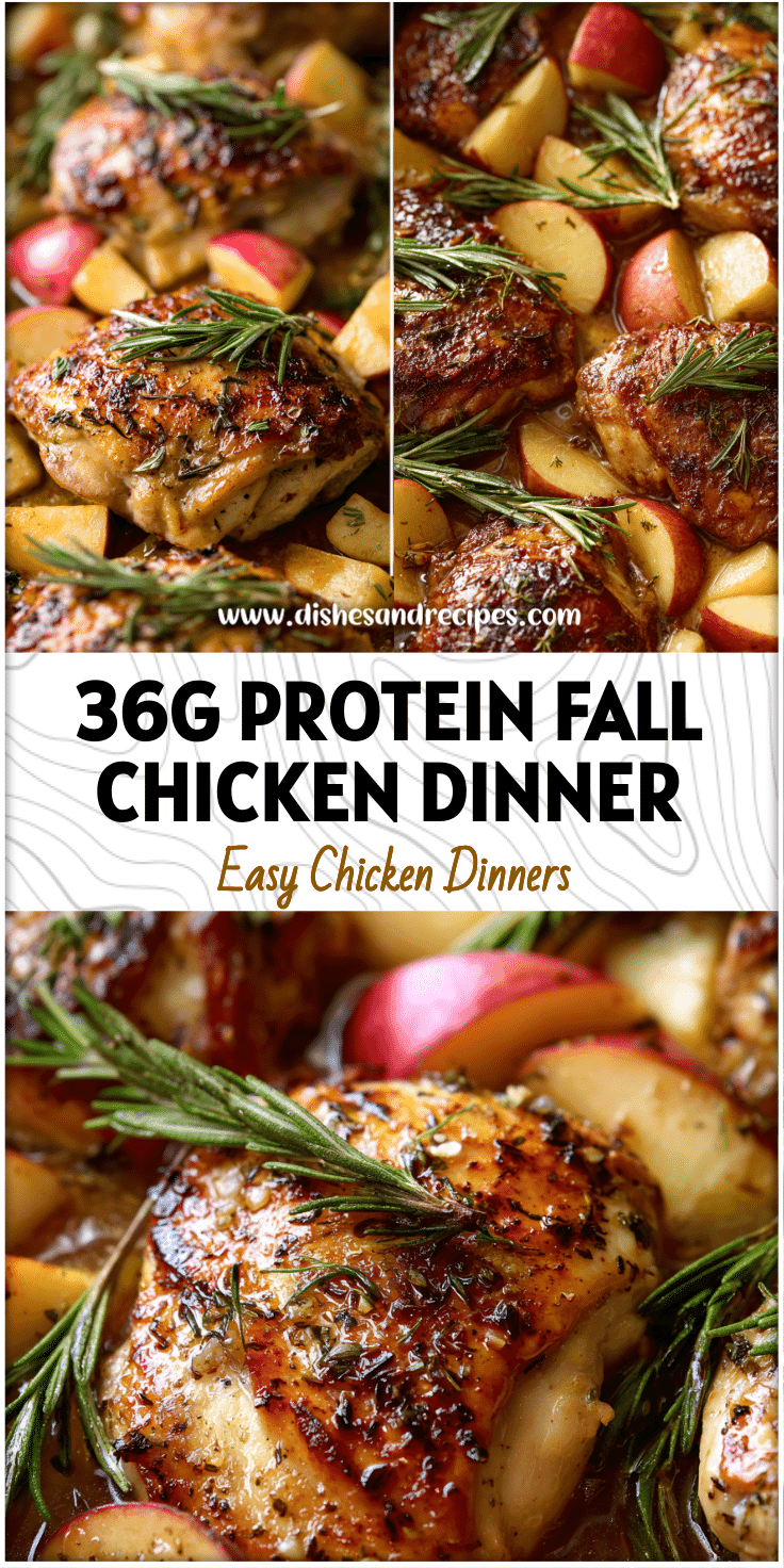 Golden baked rosemary apple cider chicken with sliced apples and herbs, a cozy fall dinner recipe.